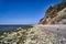 Baltic sea coast with sandy beach and cliff overgrown with trees on Wolin island