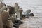 Baltic sea waves hitting stone blocks near path to ship lighthouse. Path located near Ventpils Docks