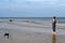 Baltic sea, woman walking along the beach and feeding white g