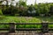 Balustraded plank-paved walkway at flowering lakeside in sunny s