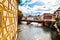 Bamberg. Scenic view of Old Town Hall of Bamberg Altes Rathaus with bridges over the Regnitz river