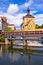 Bamberg. Scenic view of Old Town Hall of Bamberg Altes Rathaus with two bridges over the Regnitz river