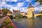 Bamberg. Scenic view of Old Town Hall of Bamberg Altes Rathaus with two bridges over the Regnitz river