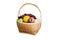 Bamboo basket put on a variety of fruit as orange, apple, grapes and pear.