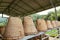 Bamboo baskets arranged on a wooden table. Handmade bamboo basket.