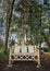 Bamboo bench illuminated by the sun in a tropical park