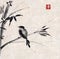 Bamboo and bird. Hand-drawn with ink.