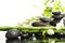 Bamboo branches with spa stones and orchid on table against blurred background