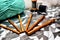 Bamboo crochet hooks on the table