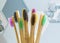Bamboo eco toothbrushes with multicolored bright bristles