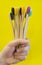 Bamboo eco toothbrushes with multicolored bright bristles. Toothbrushes in a male hand like a bouquet.