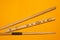 Bamboo flute and drumsticks. simple music instruments