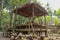 Bamboo gazebo with alang alang alang roof, also called Imperata cylindrica, located in a dense jungle with coconut trees