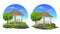 Bamboo Gazebo with Beautiful yard, grass, stone and trees cartoon illustration