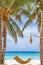 bamboo hammok on tropical beach and sea background, summer vacations