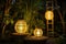 bamboo lanterns and string lights add a natural and elegant touch to garden or patio