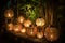 bamboo lanterns and string lights add a natural and elegant touch to garden or patio