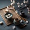 A bamboo mat with a bowl of food and two spoons on it. AI generative image . Japanese tea ceremony