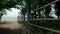 Bamboo pole fence on a tropical island. white sandy beach with palm-lined shore.