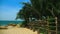 Bamboo pole fence on a tropical island. white sandy beach with palm-lined shore.