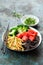 Bamboo shoots, fern root noodles, broccoli, micro greens and sockeye salmon bowl