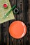Bamboo sticks, soy sauce, ginger and dishes for sushi and maki on wooden background top view mockup