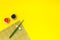 Bamboo sticks, soy sauce, ginger for sushi and maki on yellow background top view mockup