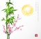 Bamboo, sun, sakura in blossom.
