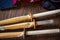 Bamboo swords close-up. Kendo gloves, helmet and bamboo sword on a wooden surface