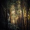 Bamboo thicket at dawn in the morning rays