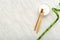 Bamboo toothbrush, bamboo plant dentifrice tooth powder on white marble background.Flat lay copy space.Biodegradable natural