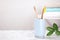 Bamboo toothbrushes on marble table