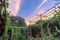 Bamboo trellis with luffa vines growing at vegetable and flower garden with dramatic sunrise sky in Texas, USA