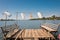 Bamboo walkway, scenic seating for blue lake