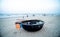 Bamboo waterproof round fishing boats at the China Beach in Danang in Vietnam. It is also called Non Nuoc Beach.