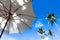 Bamboo white umbrella against the blue sky.