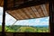 Bamboo window with moutain view.