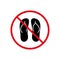 Ban Flip Flop Slipper Summer Black Silhouette Icon. Forbidden Beach Sandal Pictogram. Warning No Casual Foot Red Stop