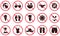 Ban Summer Swim Beach Zone Black Silhouette Icon Set. Forbidden Sun Glasses Pictogram. Caution No Beach Area Red Symbol