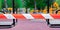Ban tape around child playground quarantine special condition time of limited movement and finding red and white object foreground