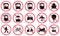 Ban Transport Black Silhouette Icon Set. Forbidden Vehicle Car, Train, Bicycle, Trolley, Shuttle Bus, Tram, Bike