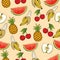 Banana, apple, pineapple, cherry, watermelon, seamless pattern, fruit background. Drawing on a beige , cartoon, hand-. For the de