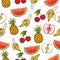 Banana, apple, pineapple, cherry, watermelon, seamless pattern, fruit background. Drawing on a white , cartoon, hand