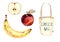 Banana, Apple and shopping bag, watercolor illustrations, single elements.