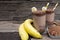 Banana blended chocolate yogurt smoothies milk high protein drinks.