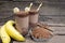 Banana blended chocolate yogurt smoothies milk high protein drinks brown .