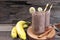 Banana blended chocolate yogurt smoothies milk high protein drinks brown put a glass.