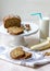 Banana Bread composition with walnuts, banana fruit and a glass of milk