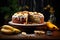 A banana cake with cream cheese frosting and walnuts on a wooden table with bananas