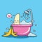 Banana cartoon is bathing with a funny expression